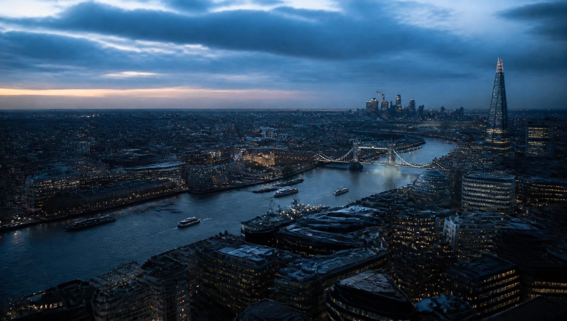 Aerial city view at blue hour — placeholder film still